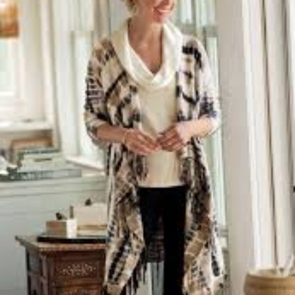 ✅ Soft Surrounding Tan Black Tie Die Fringe Drape Cardigan Jacket Size MEDIUM